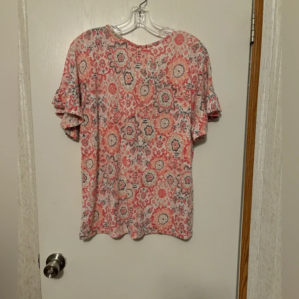 Cato Pink and White Floral Blouse with Ruffle Sleeves - Picture 2 of 2